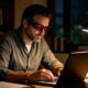 A man working intently at his computer in his study at night, wearing a pair of Night Ease™ Wrap Around Red Lens Sleep Glasses.