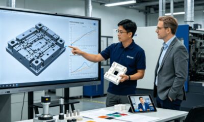 A project engineer and an international client collaboratively reviewing real-time molding data and a plastic part via video call in a modern factory office, illustrating transparent partnership and cost control in plastic injection molding.
