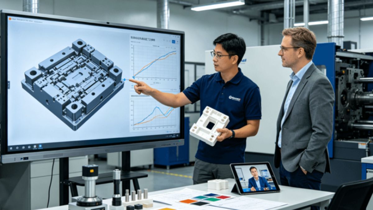 A project engineer and an international client collaboratively reviewing real-time molding data and a plastic part via video call in a modern factory office, illustrating transparent partnership and cost control in plastic injection molding.