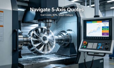 A modern 5-axis CNC machine actively machining a complex part, with a cost breakdown overlay on the control screen, illustrating the advanced technology and transparent costing behind precision manufacturing.