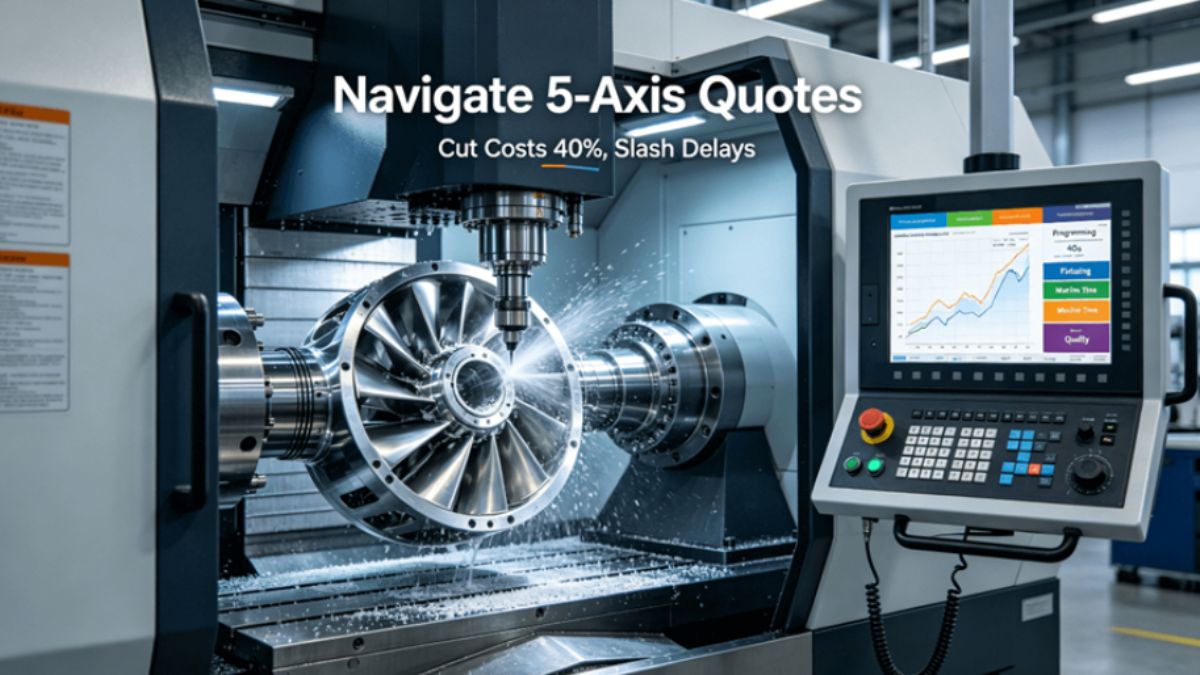 A modern 5-axis CNC machine actively machining a complex part, with a cost breakdown overlay on the control screen, illustrating the advanced technology and transparent costing behind precision manufacturing.